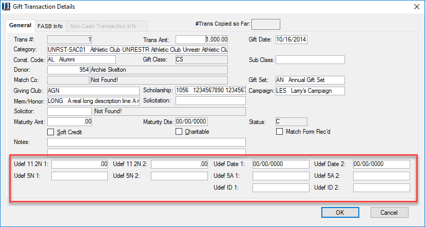 Gift Transaction Details window, User Defined fields highlighted.