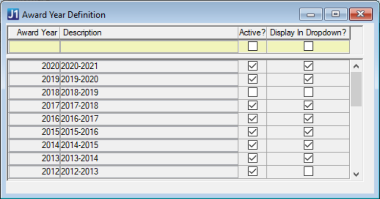Award Year Definition window.