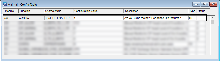 Maintain Config Table window.