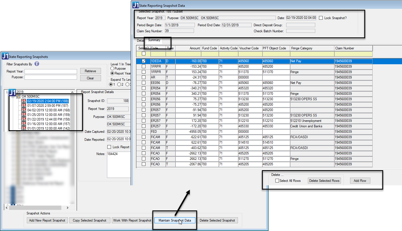 State Reporting Snapshot Data window with options to add and delete rows shown.